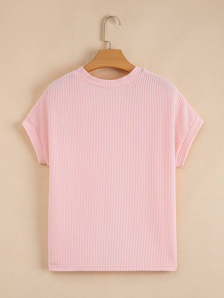 Pink Corded Knit Color Block Pocketed Crew Neck T Shirt for wholesale on Faire1