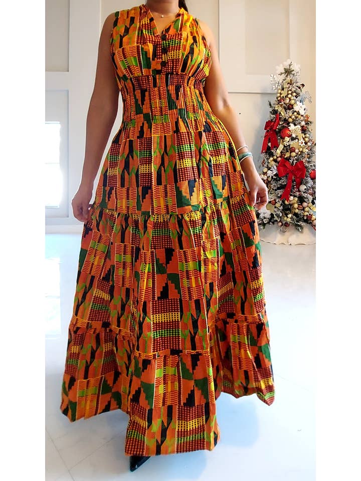India Batik - Wholesale Dress - Women's - 3028L Smocked Dress/Head Scarf - Orange Kente