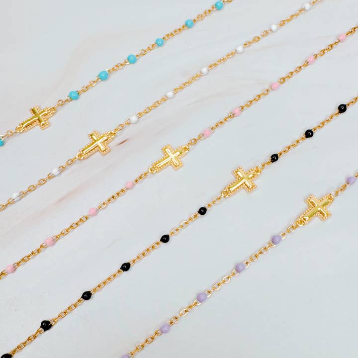 Ellison+Young - Wholesale Charm/Dangle Bracelet - Dainty Color Dots Chain Cross Bracelet