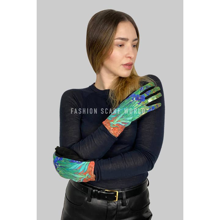 Black Van Gogh Irises Print Suede Touchscreen Gloves for wholesale on Faire