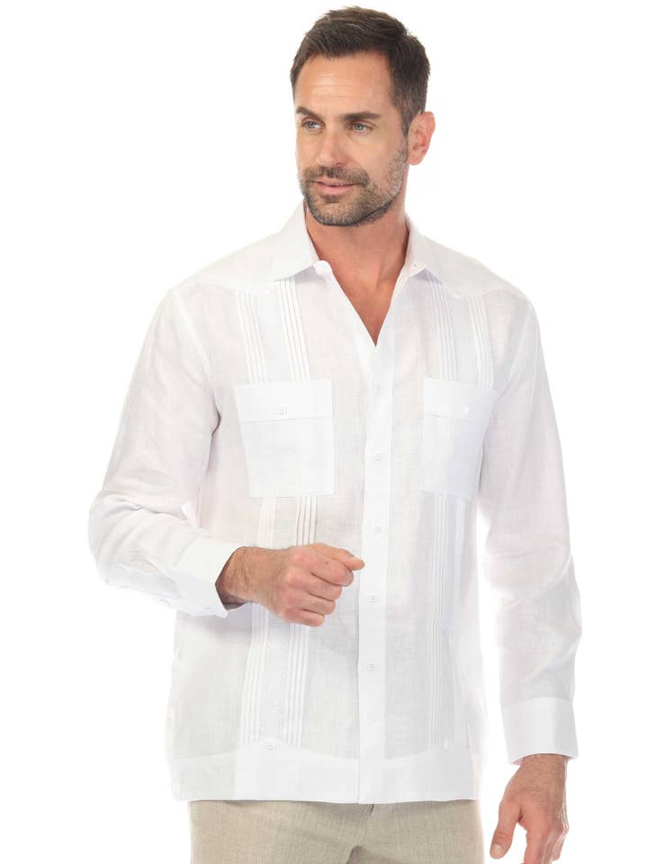 Men's 100% Linen Two Pocket Fancy Guayabera with Embedded Pleating for wholesale by MOJITO COLLECTION