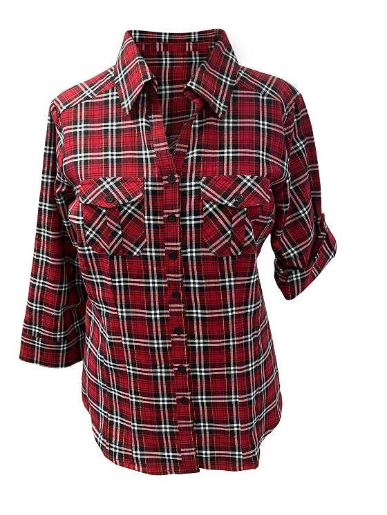 Stylish Shirley & ESJAYMENSWEAR - Wholesale Button Down Shirt - Women's - Ladies 3/4 sleeve cotton button front shirt with a hint of lurex. Red/black and Green/black style 546591