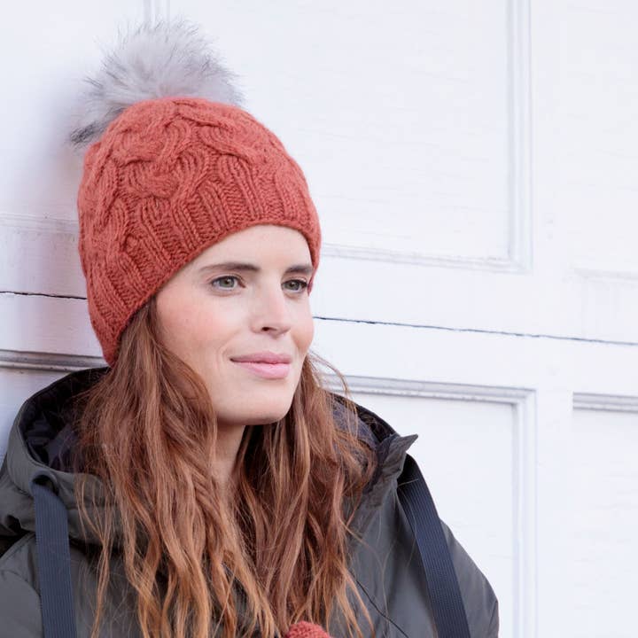 Haven Wool Knit Hat with Faux Fur Pom for wholesale by Lost Horizons Knitwear – Ships from USA