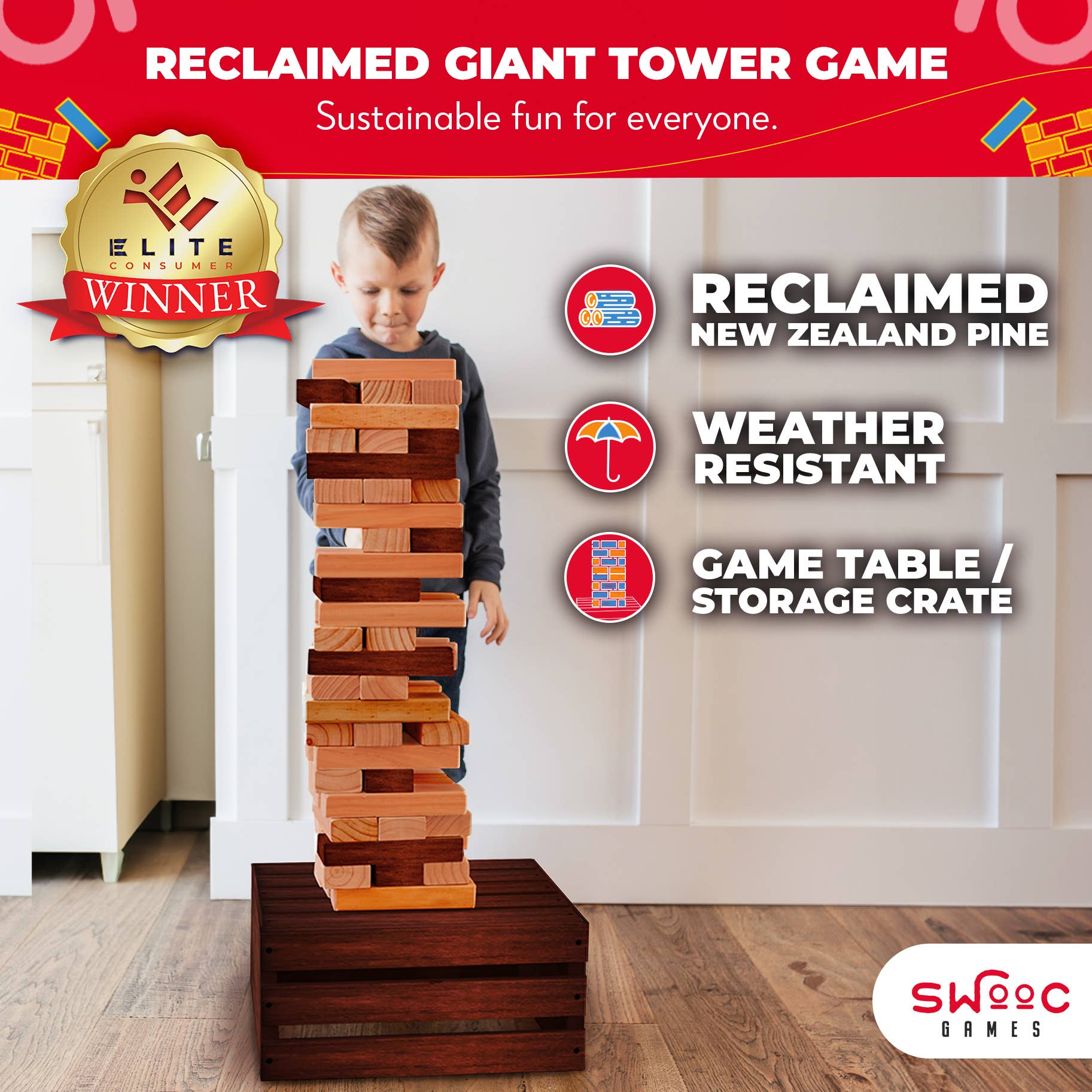 Swooc Games - Wholesale Stacking Game - Reclaimed Wood Giant Tower Game1