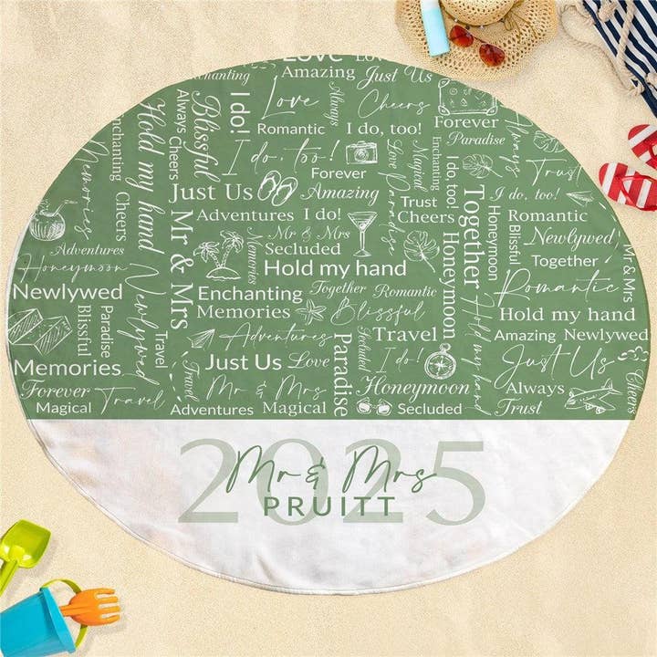 Personalized Green Honeymoon Round Beach Towel – Custom Static Word Art Design for wholesale by Sunny Jar Personalized