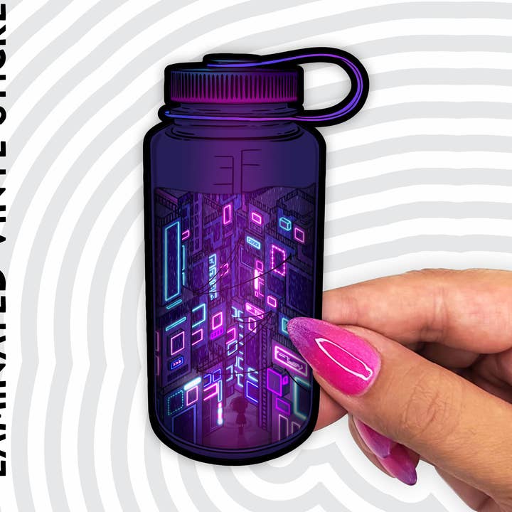 Water Bottle World - Neon City 4" Sticker for wholesale by AK Project Unicorn