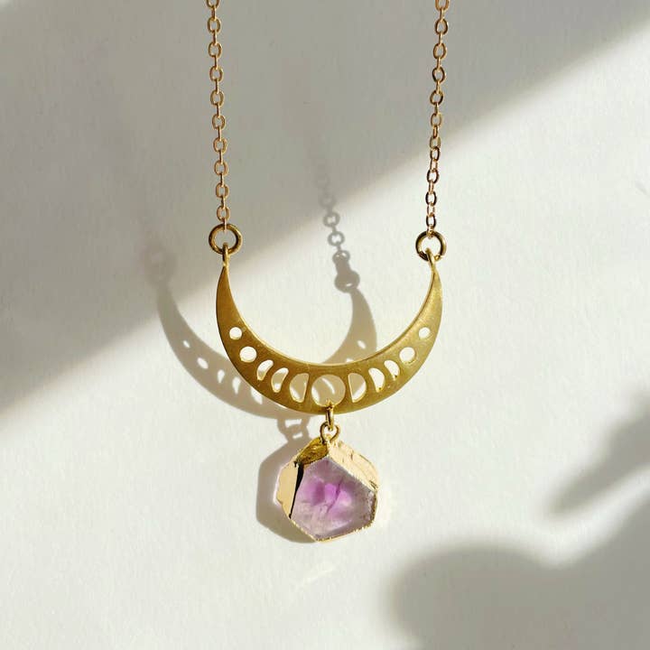 Moon Phases Necklace w/ Amethyst ~ Brass, Gold Plated Chain for wholesale by GeoMetricGem