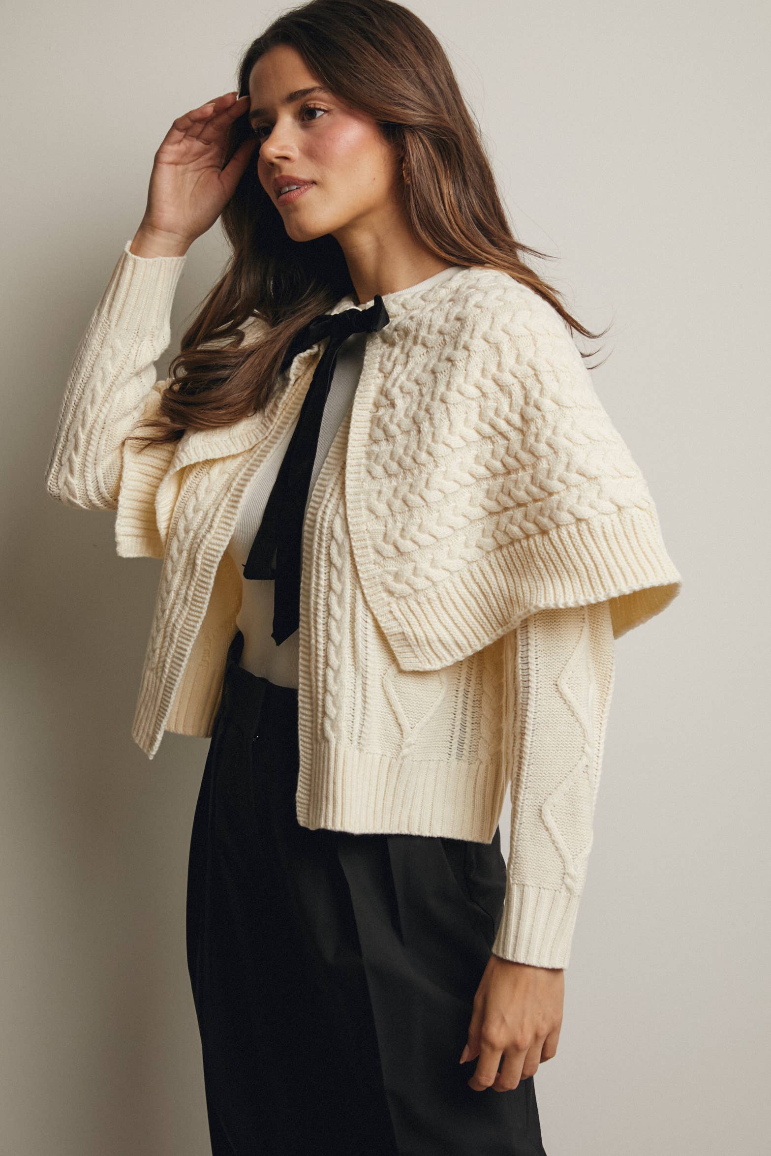 Forte – wholesale Cardigan – Women’s – Cable Knit Capelet Cardigan with Velvet Bow FSW0017 29