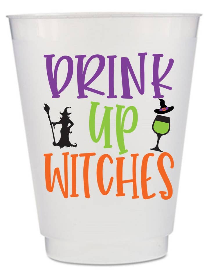 Drink UP Witches Halloween Party Cups- Frost Flex Shatter-Proof Plastic Halloween Party Cups for wholesale by Preppy Mama