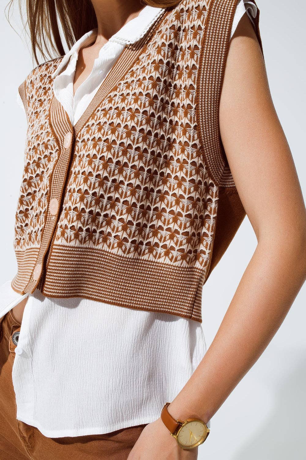 Knitted Cropped Vest With Rib Trim in Brown for wholesale on Faire4