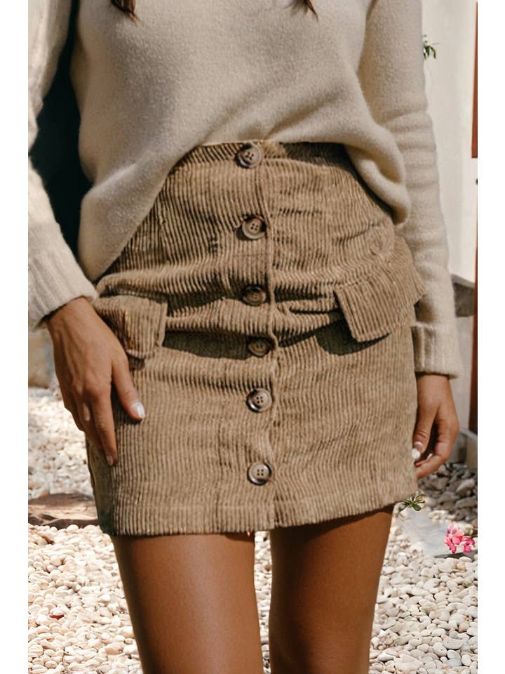 Camel LDC Corduroy Buttoned Front Faux Pockets Mini Skirt for wholesale on Faire