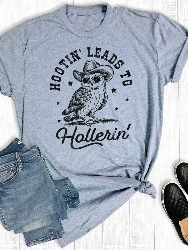 Gray Western Funny Hootin Leads to Hollerin Graphic Tee for wholesale on Faire0
