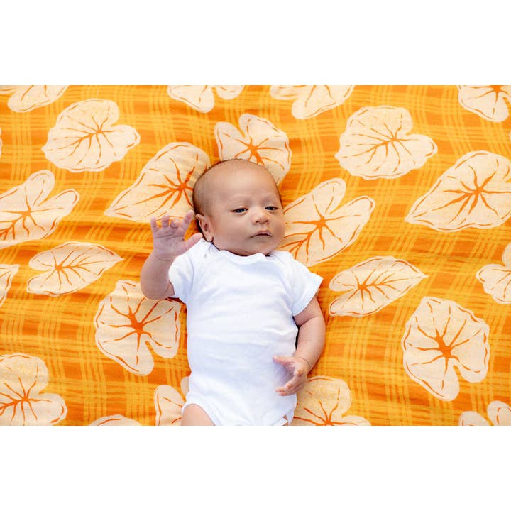 The Keiki Dept - Wholesale Swaddle - Baby - Caramel Orange Palaka Kalo Bamboo Muslin Kapa Moe (Swaddle Blanket)
