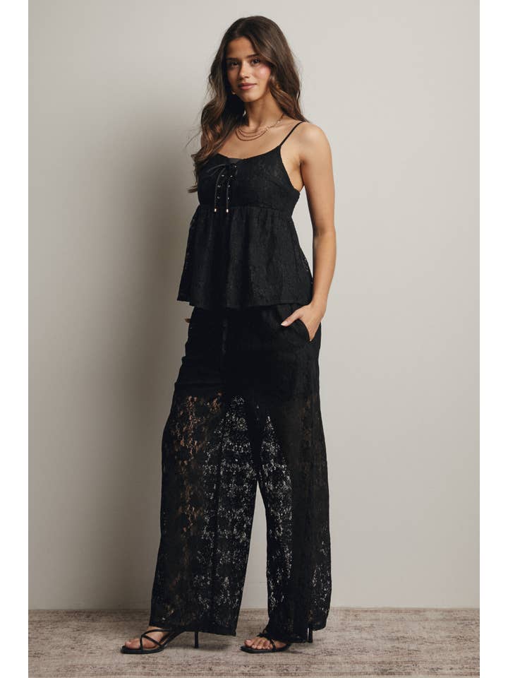 Negro Conjunto de Camiseta con Cordones y Pantalón de Pierna Ancha FSET004 de venta al por mayor en Faire10