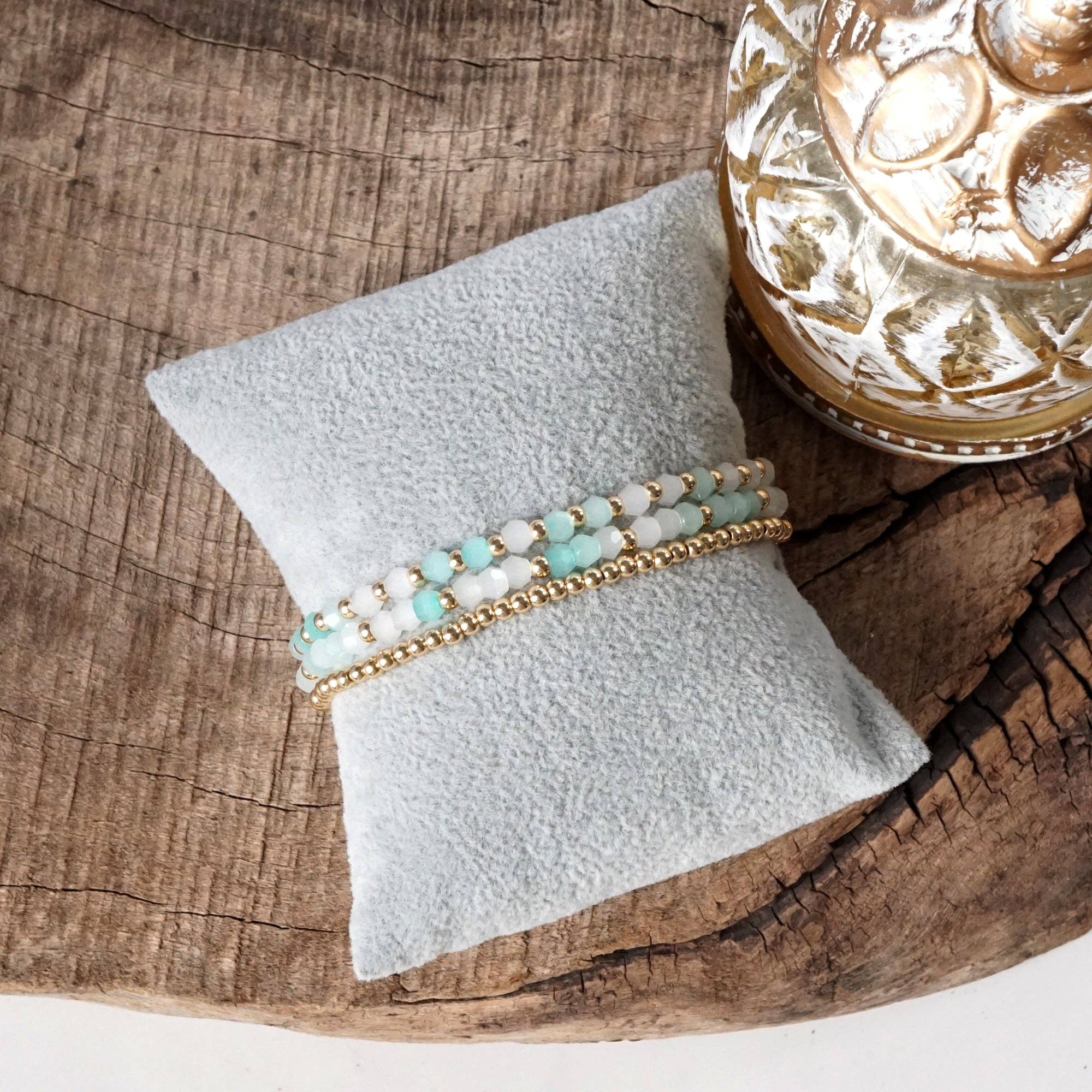 PennyLine inc - Wholesale Beaded Bracelet - Small Gold tone and Glass beads bracelet stack of 3 bracelets - Pink Mint Multi10