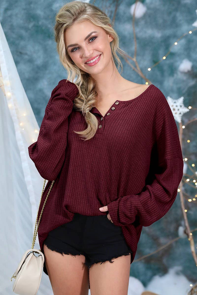 NINEXIS - Wholesale Knit Top - Women's - CWTTL450_BUTTON PLACKET LONG SLEEVE WAFFLE TOP18