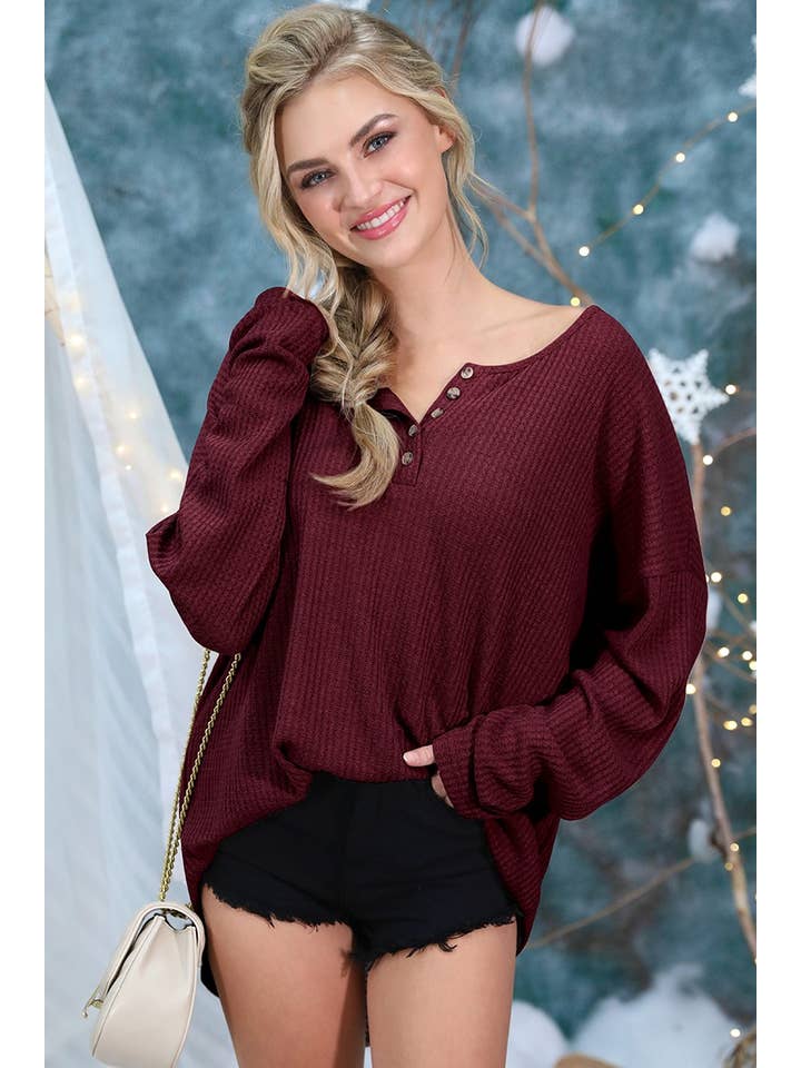 NINEXIS - Wholesale Knit Top - Women's - CWTTL450_BUTTON PLACKET LONG SLEEVE WAFFLE TOP18