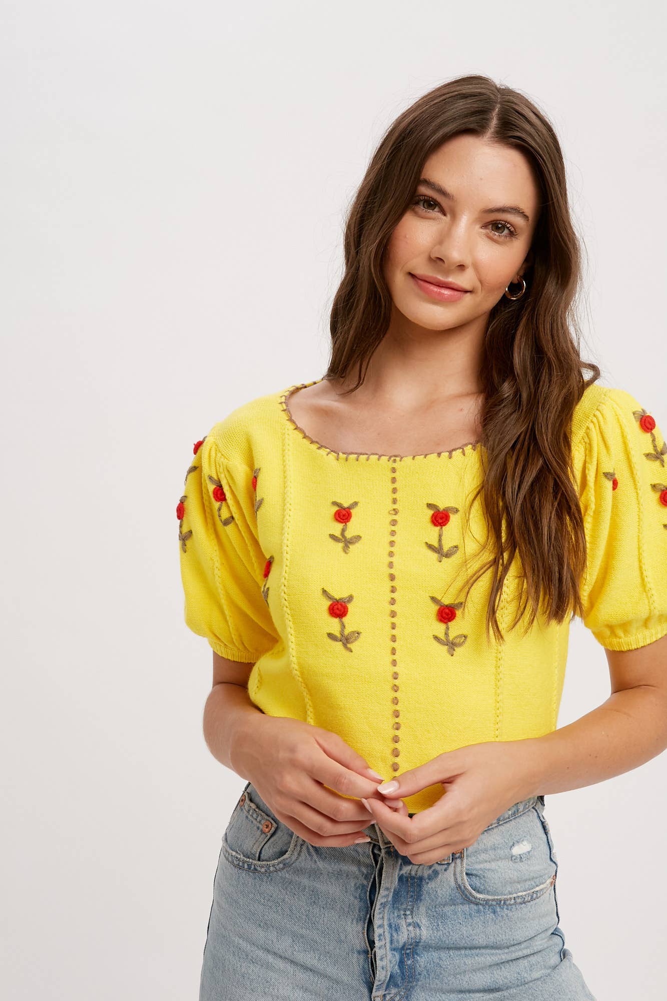 Gelb Besticktes Strickoberteil mit Puffärmeln LSW0677 für den Großhandel auf Faire2