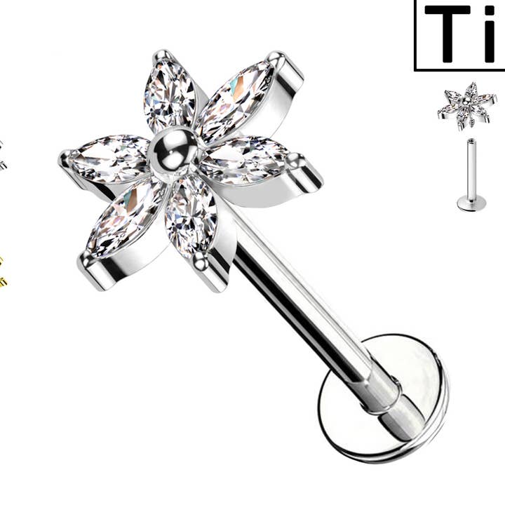 Labret Titanium Piercing med blomsterformede krystaller for engroshandel hos Awaken