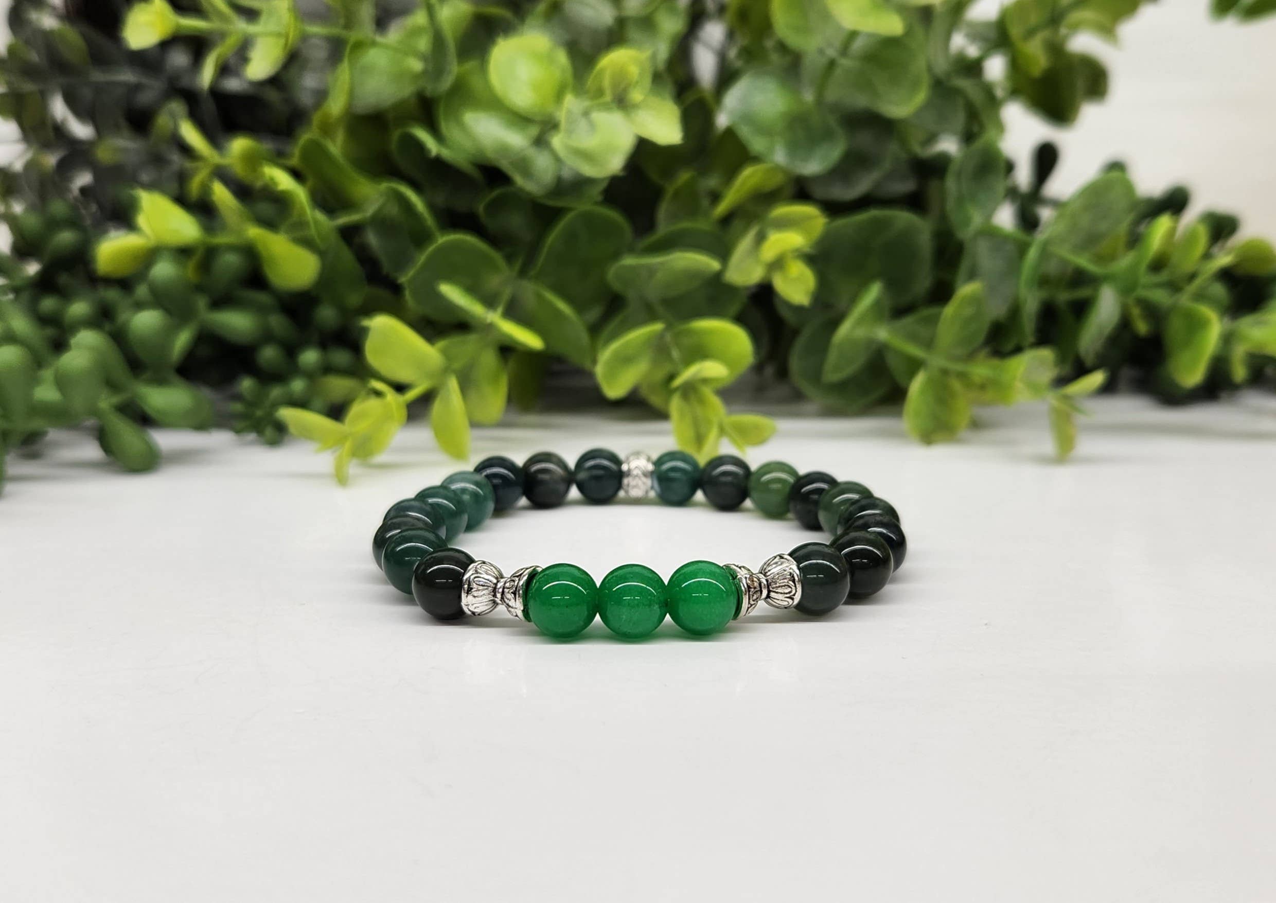 Meraki Gemstones – wholesale Pärlarmband – ABUNDANCE-armband med grön jade (center) och mossagat, 19 cm1