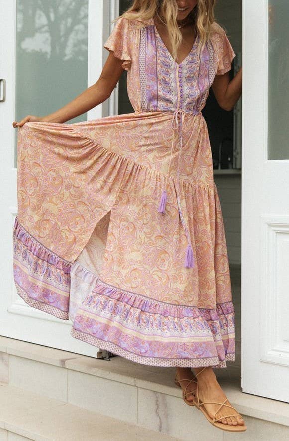 Rosa Clothing - Wholesale Dress - Women's - Bohemia Border Print Flutter Sleeve Maxi Dress15