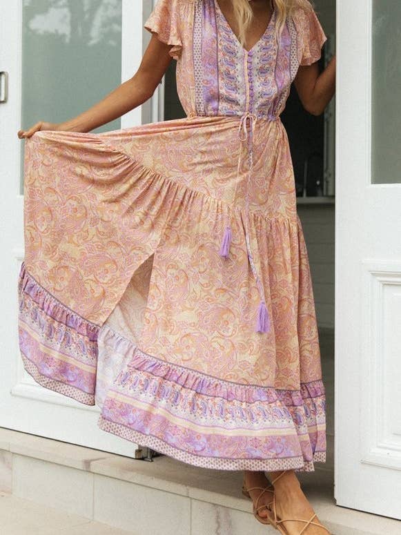 Rosa Clothing - Wholesale Dress - Women's - Bohemia Border Print Flutter Sleeve Maxi Dress15