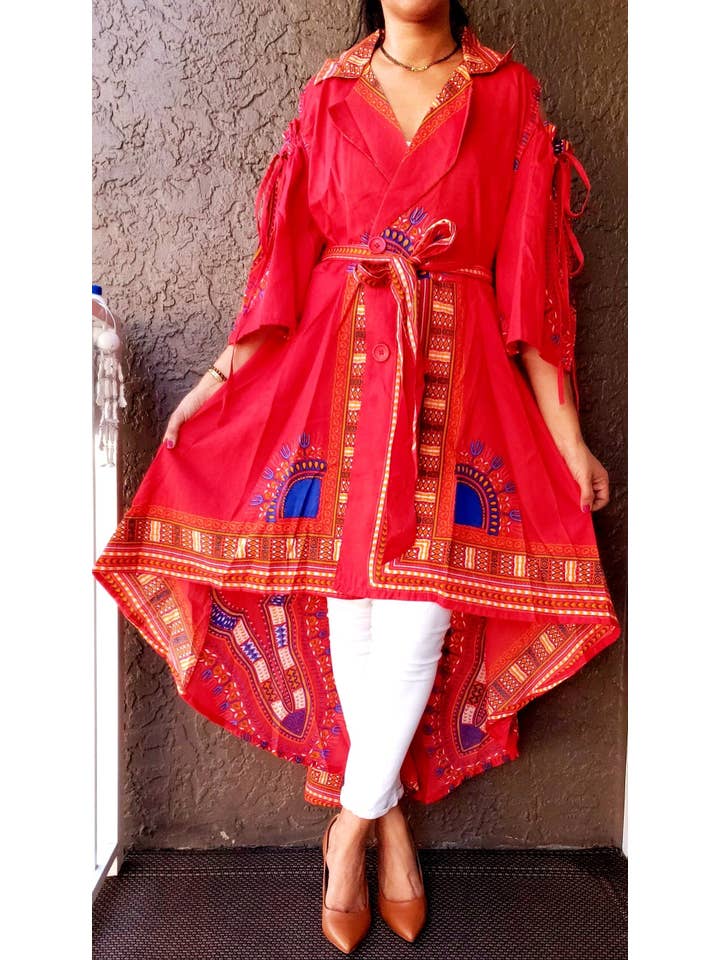 India Batik - Wholesale Dress - Women's - AN107- Women Collard Hi/ Lo Button Down Dress- Red