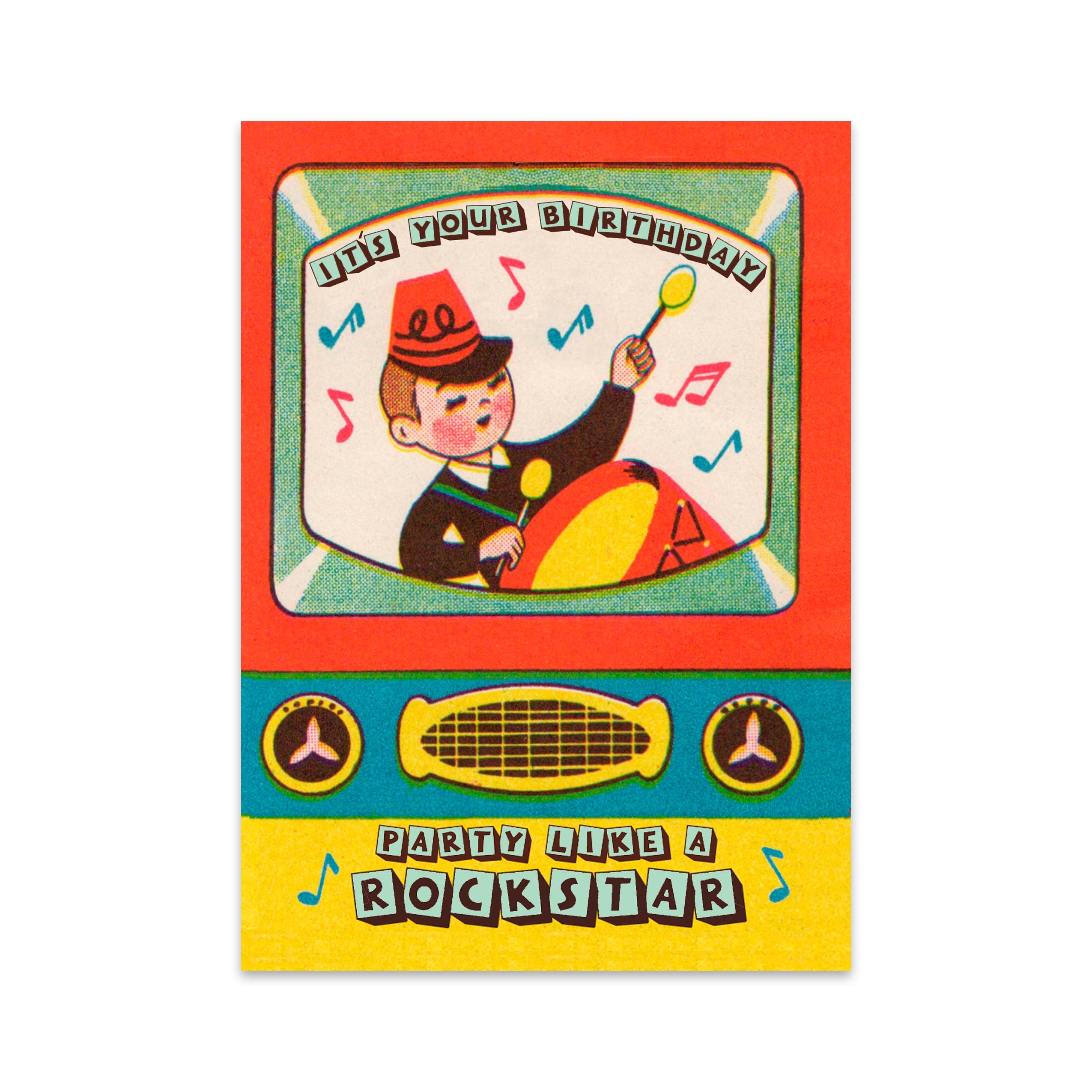 Retro Steno - Vente Cartes d'anniversaire - Carte d'anniversaire vintage sur le thème du batteur rock star