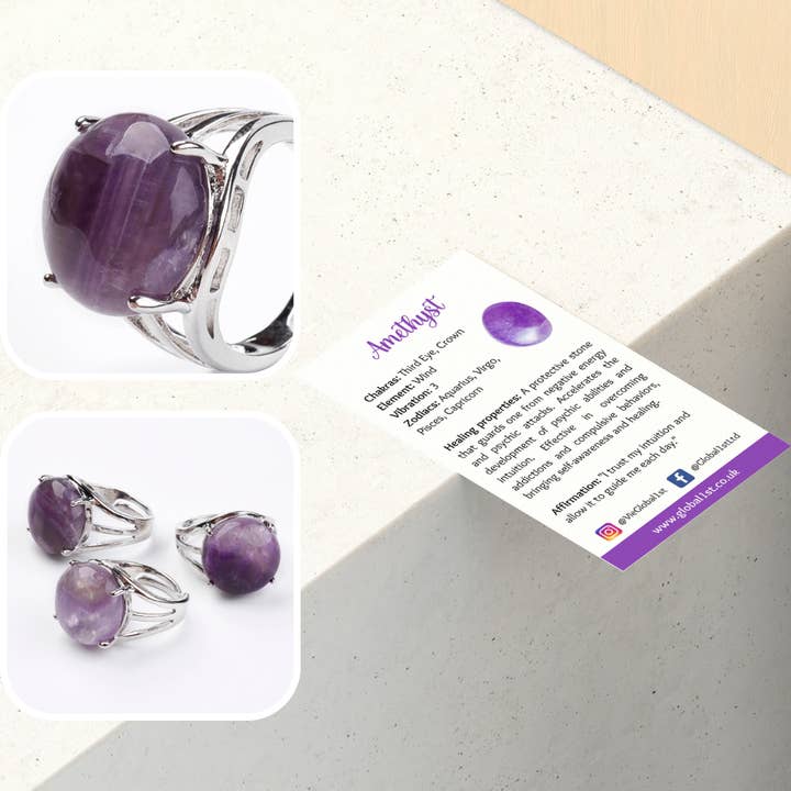 VIE - Wholesale Cocktail/Statement Ring - Adjustable Silver-Plated Ring, with Large Circular Gemstone5