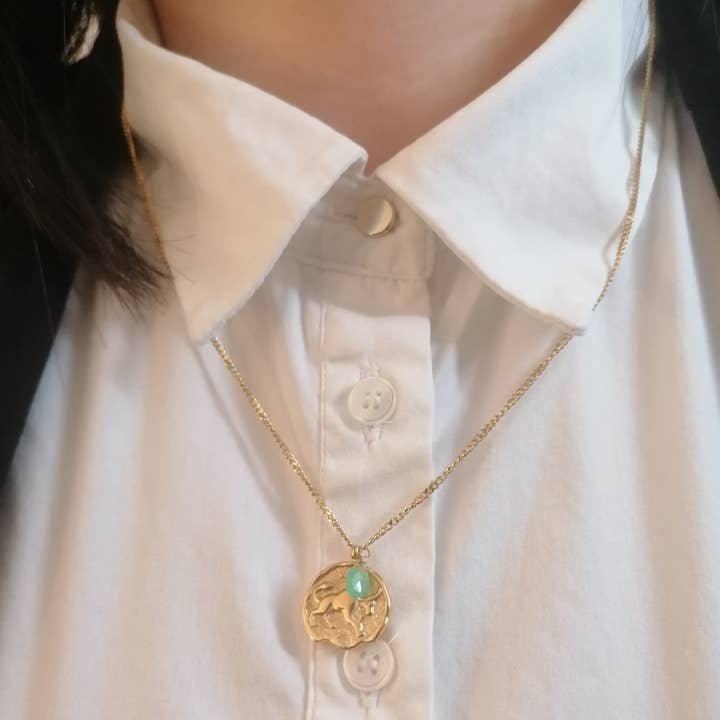Steel Taurus Chrysoprase Medal Astrology Necklace for wholesale by Bijoux 7bis