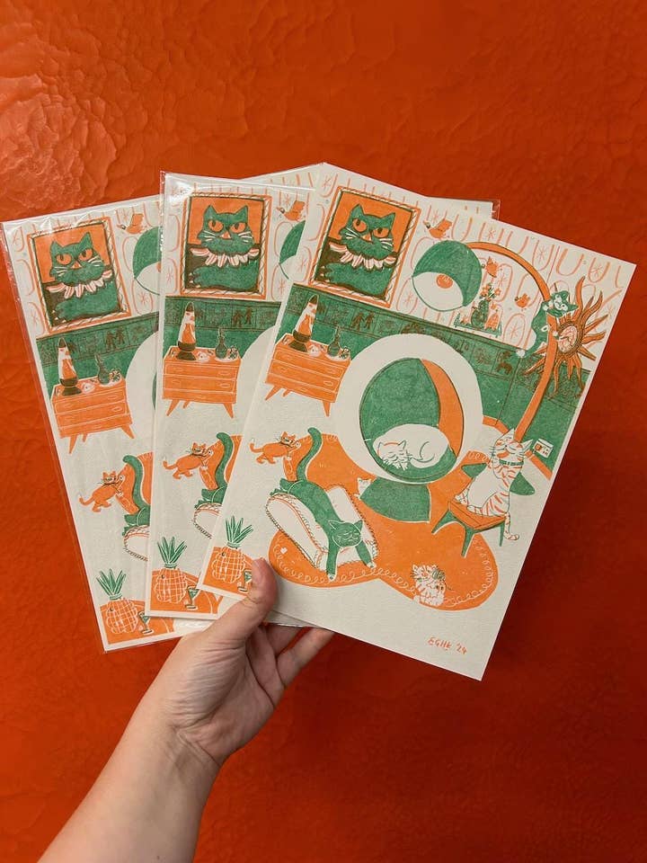 Sala Cheia de Gatos Cadeira Globo Impressão Risograph Anos 70 A4 por atacado de 2B Or Not 2B