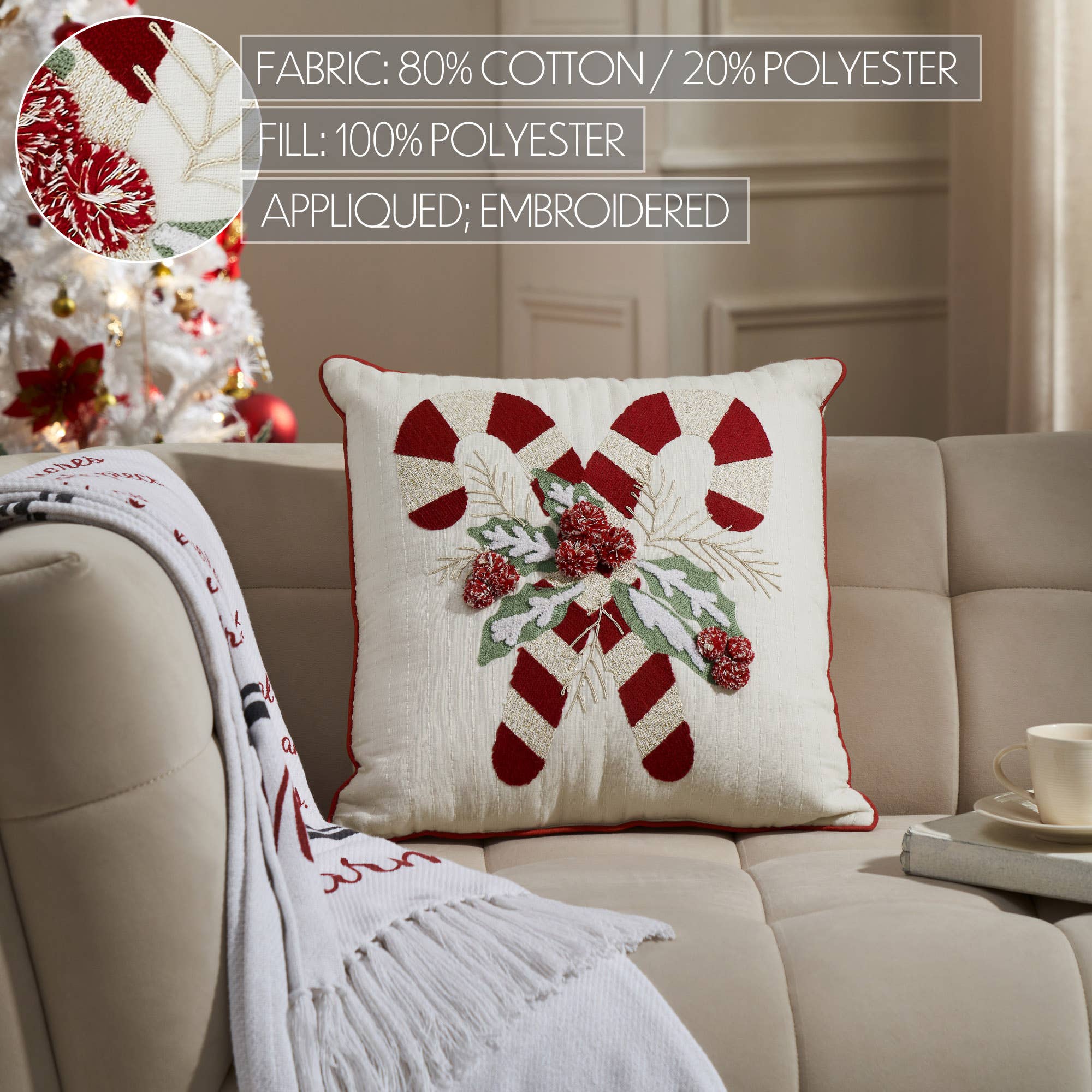 VHC Brands - Wholesale Throw/Decorative Pillow - Candy Cane & Holly Pillow 18x181