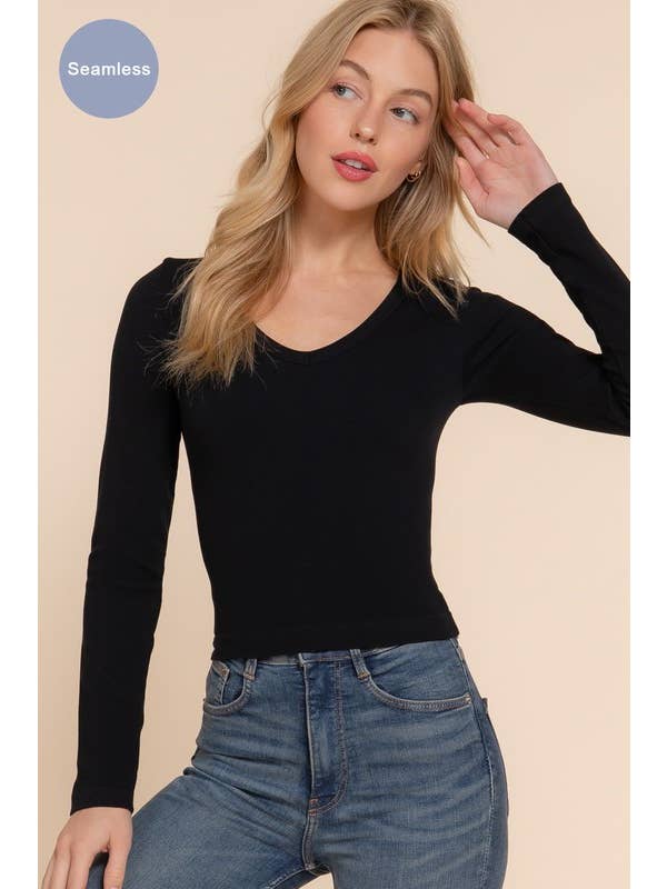 Active Basic | Active USA - Wholesale Knit Top - Women's - Long Sleeve V-neck Rib Seamless Top