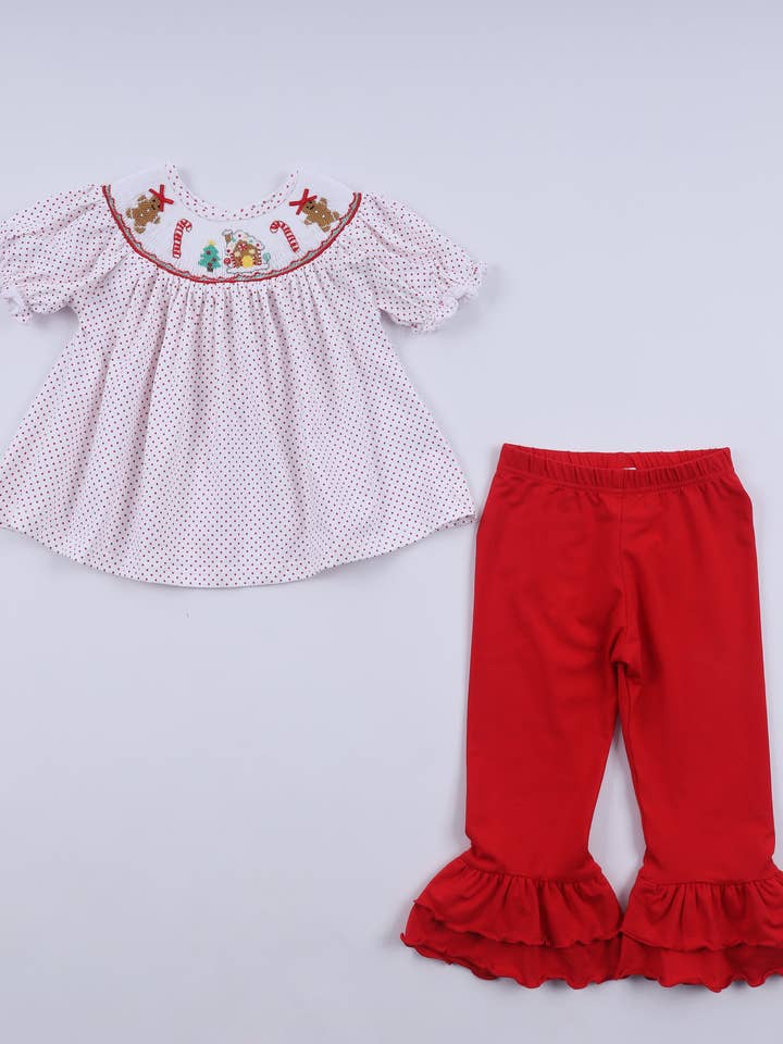 Red gingerbread hand smocked ruffle pants set for wholesale by Aspen Rain Boutique