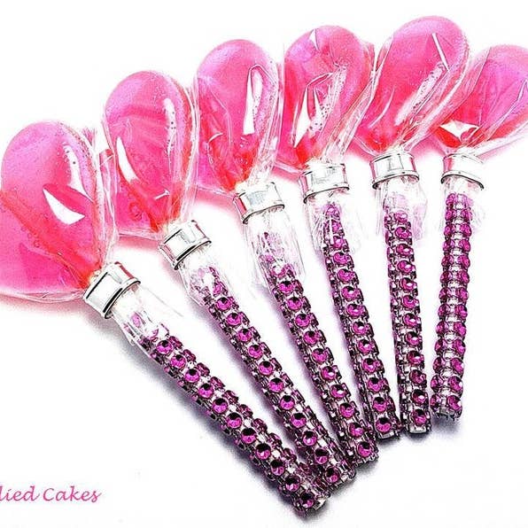 2" HOT PINK HEART LOLLIPOP with BLING STICK for wholesale by Lollipops by Candied Cakes