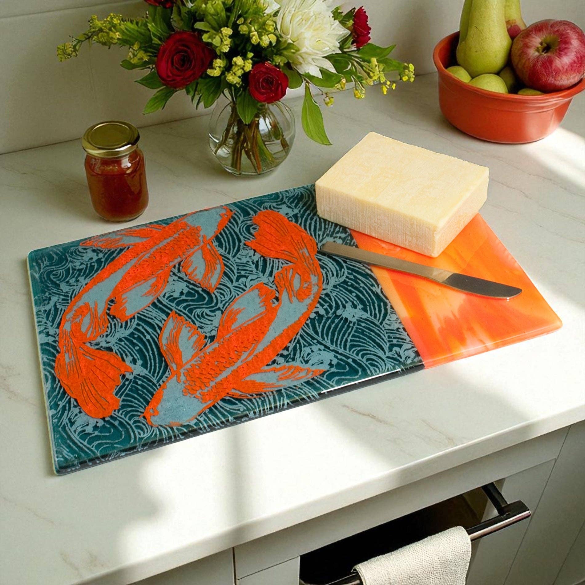 Kiku Handmade | Contemporary Fused Glass Home Goods - Wholesale Cheese Board - Koi 7x11" Fused Glass Cheese Plate1