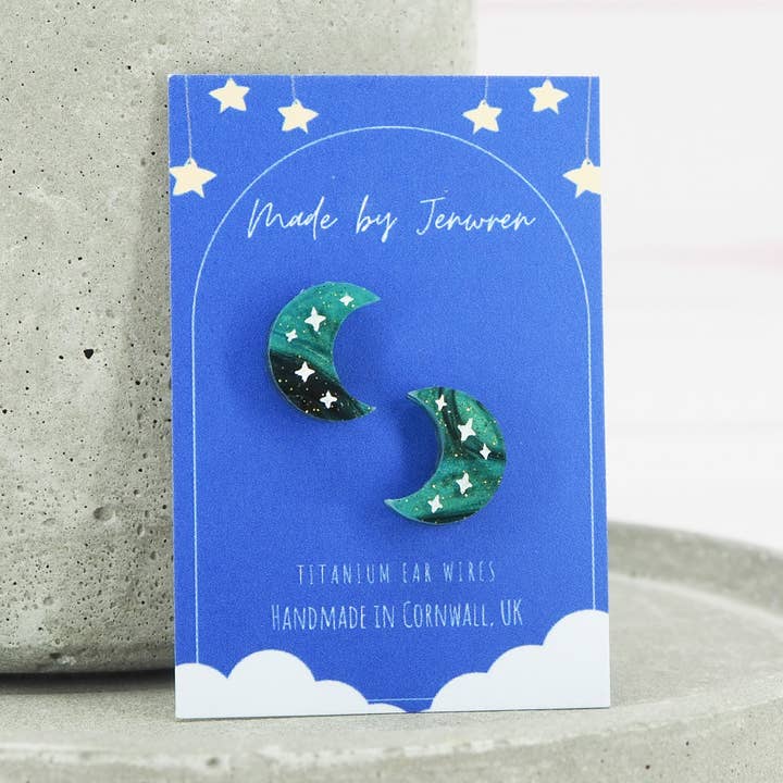 Green galaxy with White star crescent moon studs for wholesale by MadebyJenWren