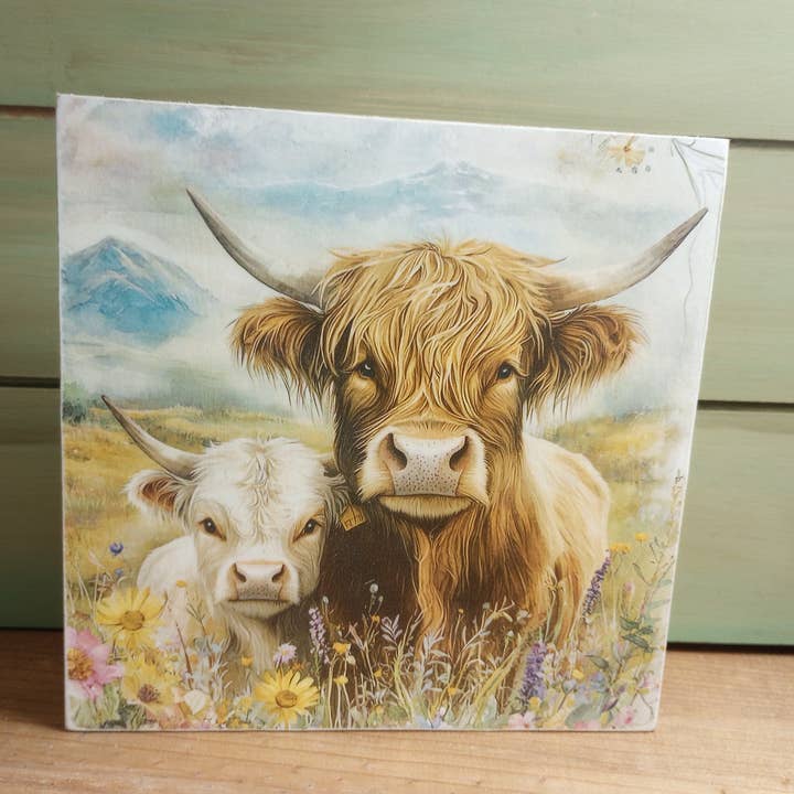 Spring Barn Wood Block Sign - Highland Cow - Meadow for wholesale by Bluegrass Burlap Co