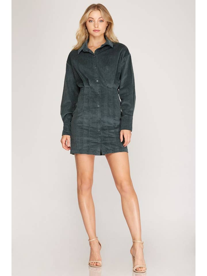 SALAMANDER LONG SLEEVE CORDUROY TUCKED MINI DRESS SKSS8191 for wholesale on Faire3