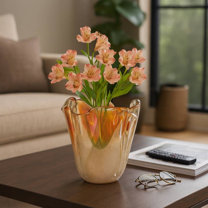 Decorative Vase - Orange Glass Artisan Blown Ruffled, 9 in. for wholesale by Elevarre