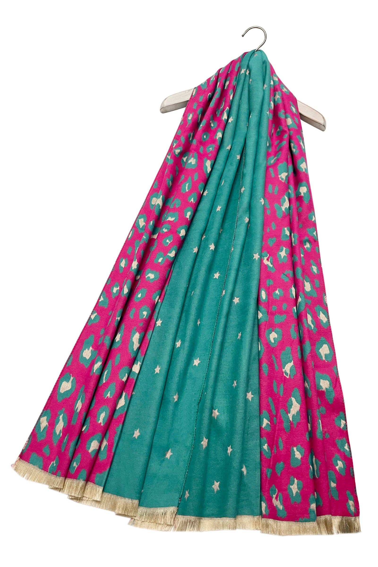 Fashion Scarf World – wholesale Halsduk - Dam – Stjärn- och leopardmönstrad vändbar scarf med fransar15