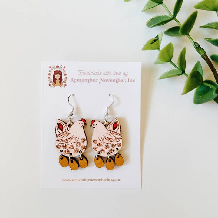 Chicken Earrings, Handmade, Birch Wood for wholesale by Remember November, Inc