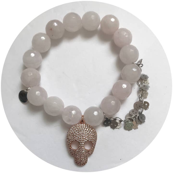 Rose Quartz with Pavé Rose Gold Skull and Silver Skull Chain for wholesale by Oriana Lamarca Designs
