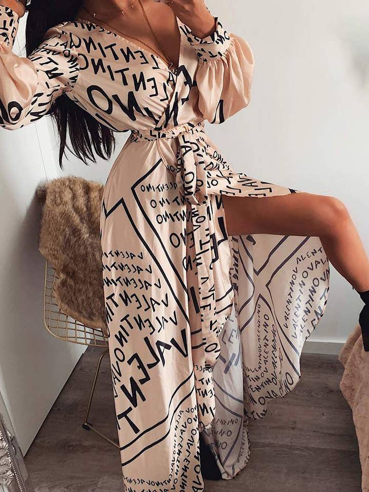 APRICOT letter print lantern sleeve high slit maxi dress for wholesale on Faire2