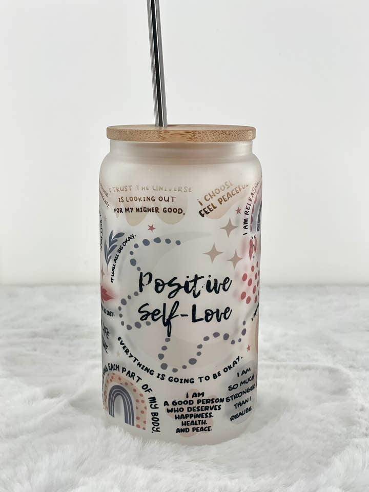 Positive Self Love Glass Tumbler for wholesale by Simply Grateful Designz