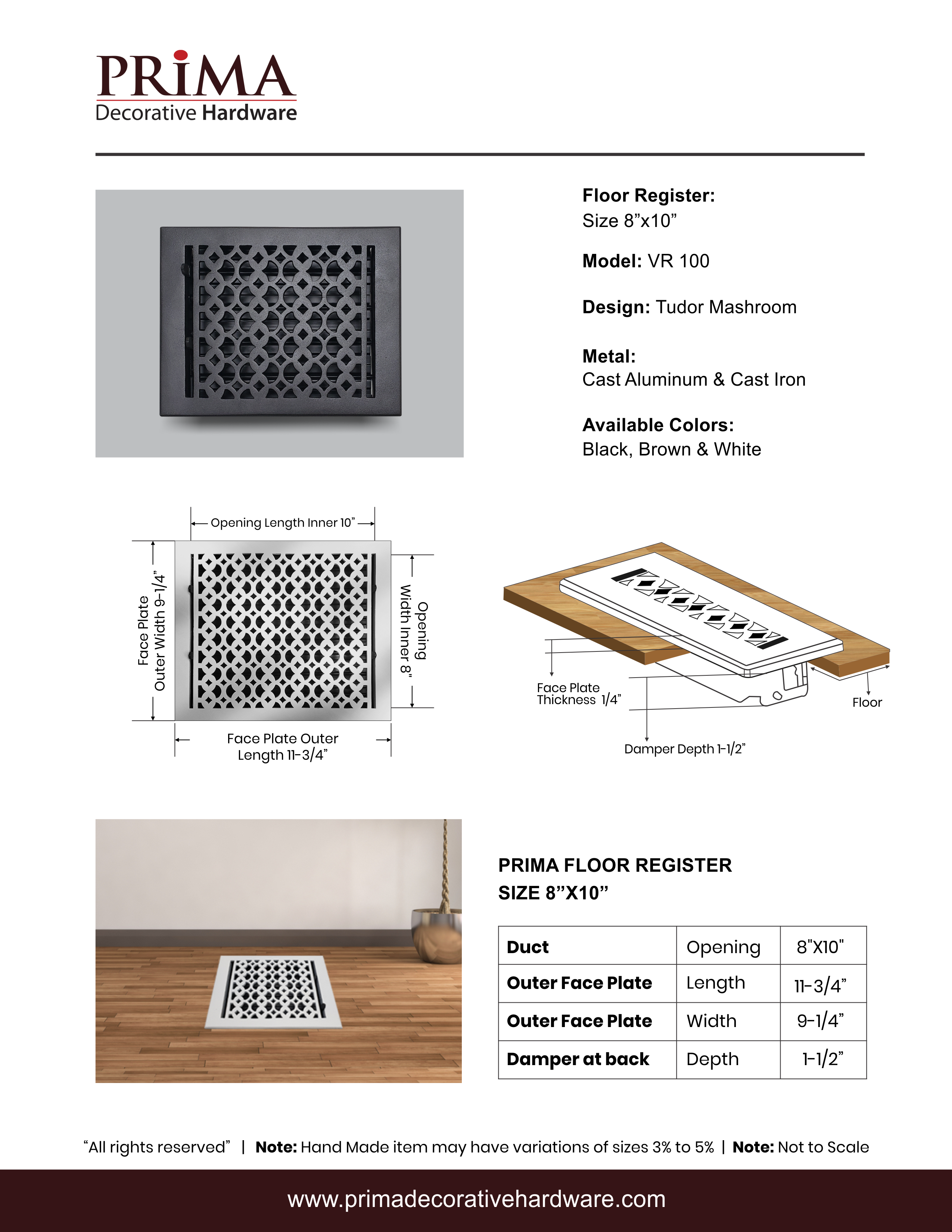 PRIMA DECORATIVE HARDWARE INC - Vendita all'ingrosso Attrezzatura per riscaldamento, ventilazione e condizionamento - Registro da pavimento in ghisa 8 «x 10" VR-1009