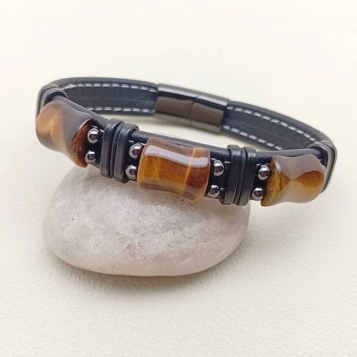 Mio Queena - Wholesale Bangle Bracelet - Tiger's Eye Stone Charm Men's Leather Bracelet - MJ/BC7