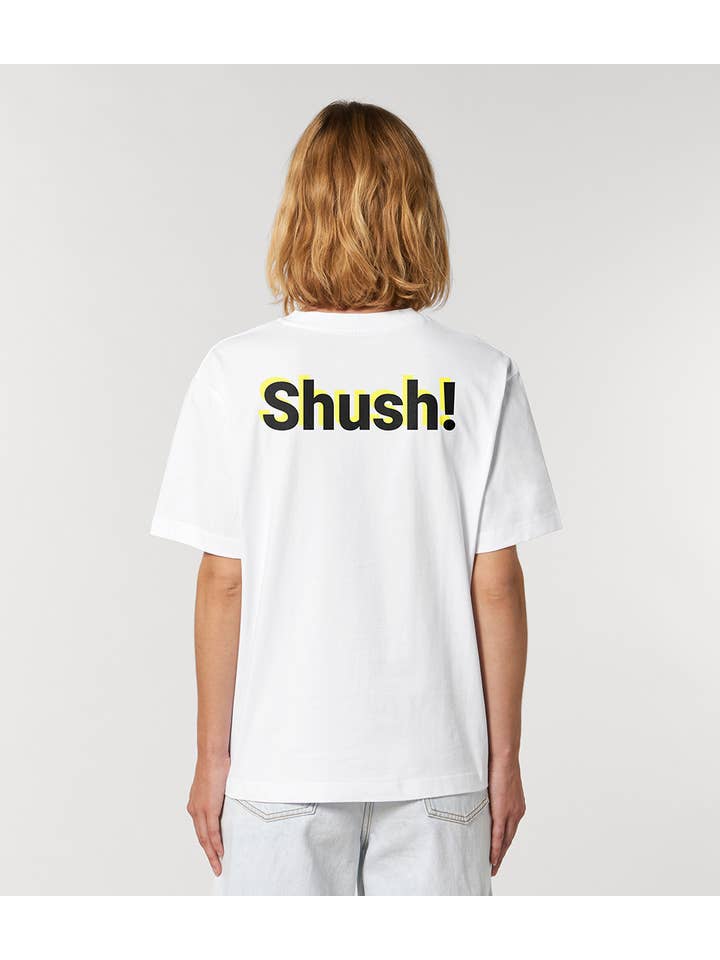 White "Shush" Unisex T-Shirt for wholesale on Faire