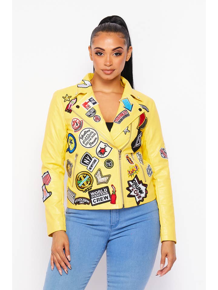 Boswell - Wholesale Leather Jacket - Women's - PATCH DETAIL PU BIKER JACKET2