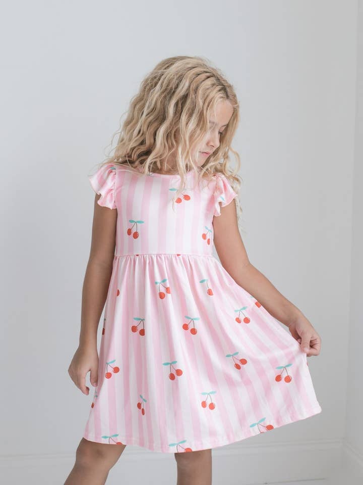 Girls Claire Pink Stripe Cherry Spring Summer Twirl Dress for wholesale by Adorable Sweetness